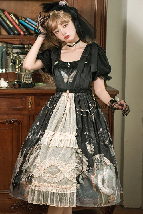 Vintage Elegant Lace Square Collar Bubble Short Sleeves Time Butterfly Print High Waisted Sweet Lolita Dress - Product - 2