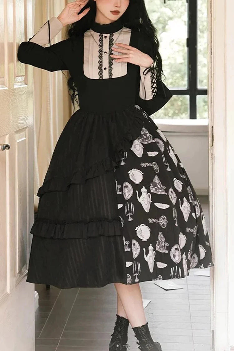 Black Lunar Eclipse Dinner Cups Print Autumn Winter Gothic Lolita Jsk Dress - Black - 1