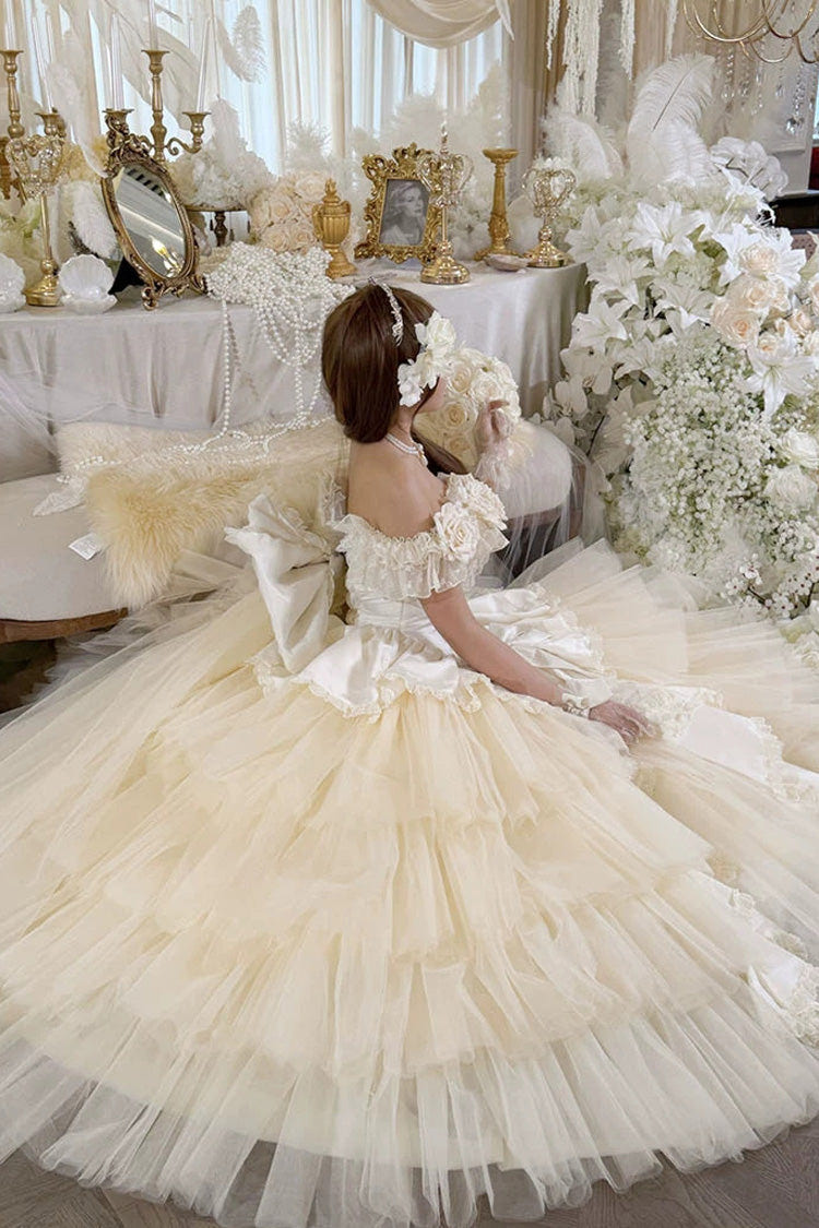Apricot [Heart’s Beloved Rose] Sleeveless Ruffled Hanayome Bow Lace Lace-Up Sweet Lolita Jsk long Dress - Product - 13
