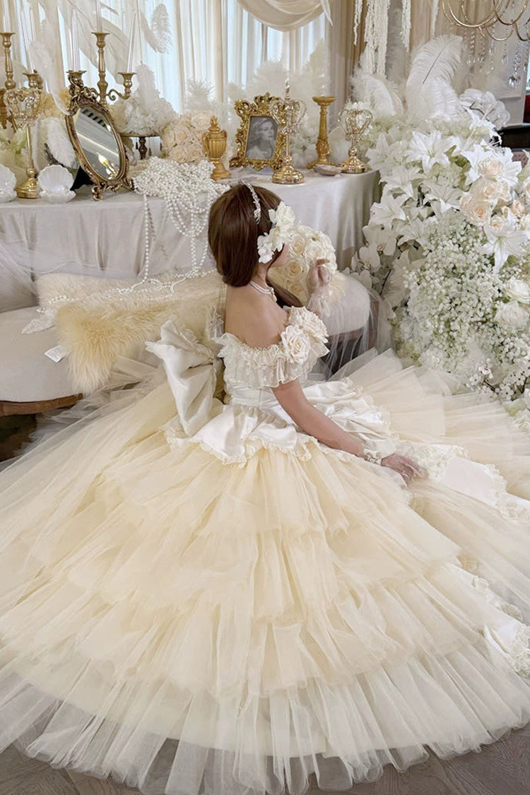 Apricot [Heart’s Beloved Rose] Sleeveless Ruffled Hanayome Bow Lace Lace-Up Sweet Lolita Jsk long Dress - Product - 13