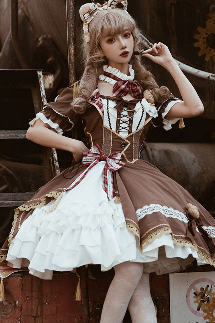 White/Brown Bear Detective Short Sleeves Ruffle Cardigan Bowknot Gothic Punk Lolita Dress - White/Brown - 1