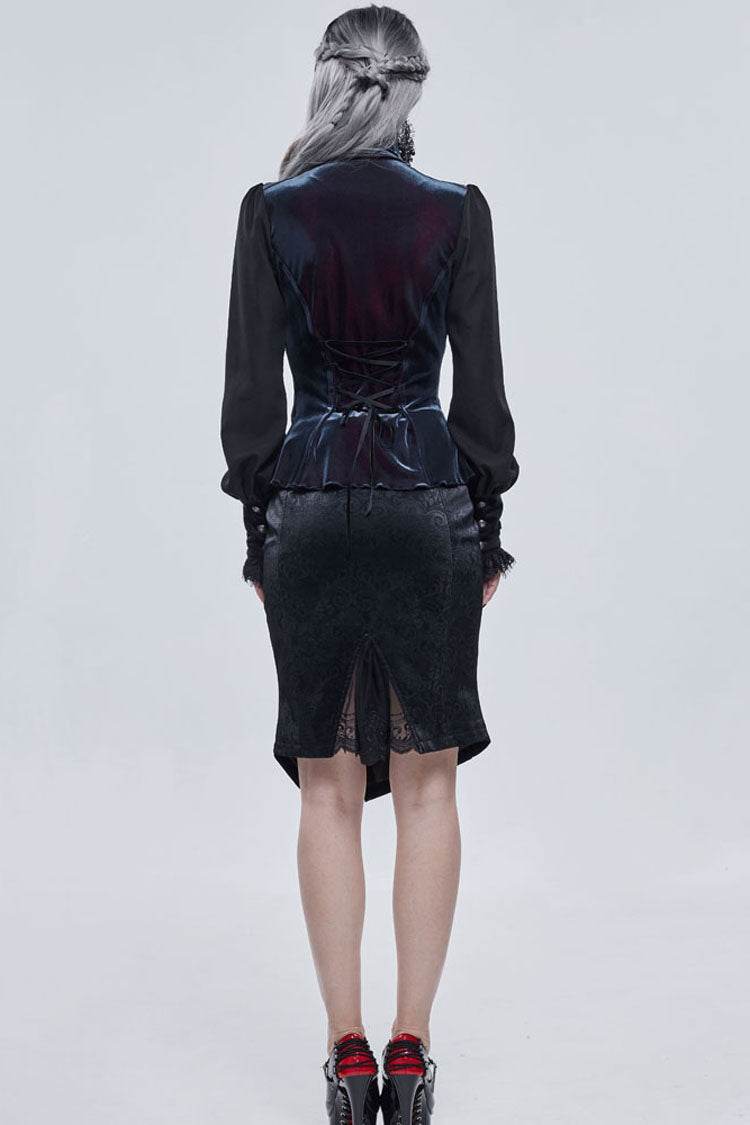 Black Gothic Turtleneck Three-Dimensional Lace Lantern Sleeves Stitched Velvet Lace-Up Long Sleeves Women's Shirt - Product - 9