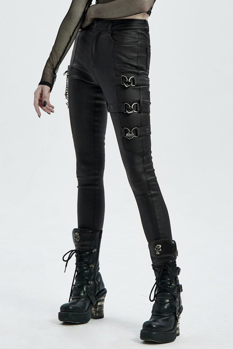 Black Faux Leather Metal Love Lock Buckles Women's Steampunk Pants - Product - 2