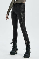 Black Faux Leather Metal Love Lock Buckles Women's Steampunk Pants - Product - 2