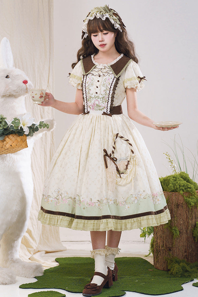 Green/Ivory [Lily] Short Sleeves Print Ruffle Embroidery Bowknot Lace Sweet Elegant Lolita Dress - Product - 13