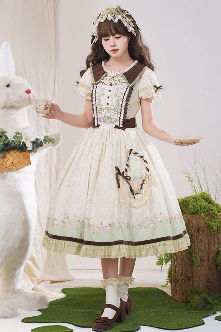 Green/Ivory [Lily] Short Sleeves Print Ruffle Embroidery Bowknot Lace Sweet Elegant Lolita Dress - Product - 13