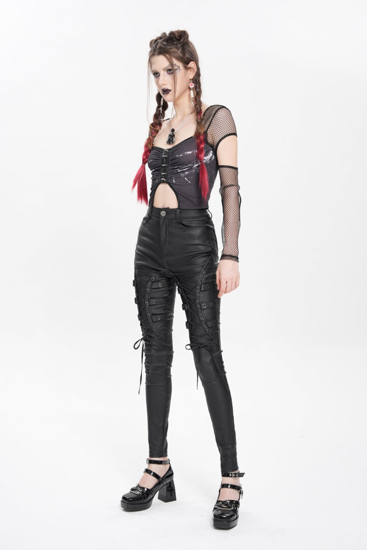 Black Lace-Up Eyelet Straps Women's Punk Pants - Product - 9