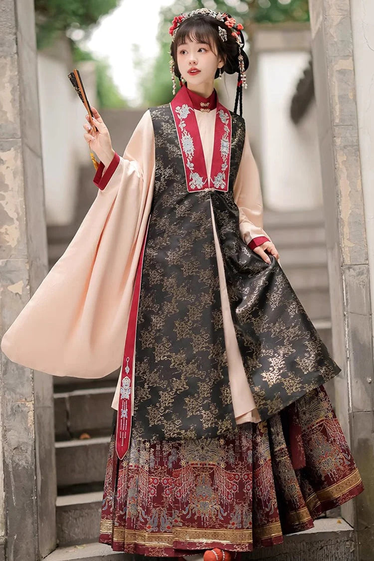 Black/Red Round Collar High Waisted Hot Stamping Embroidery Chinese Style Hanfu Dress Three Piece - image 4