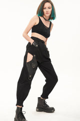 Black Punk Cutout Leather Splicing Detachable Metal Chain Women's Long Pants - Product - 9