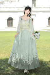Green High Waisted Print Embroidery Women's Daily Sweet Hanfu Dress Full Set - Green - 1