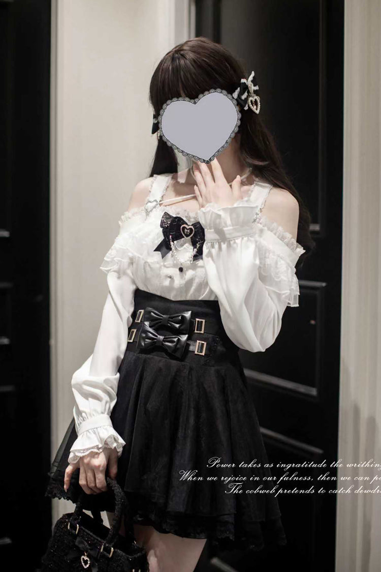 Black Solid Color Bowknot Sweet Jirai Kei Japanese Skirt - Product - 7