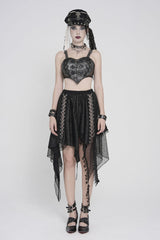 Black Lace Irregular Chain-Decorated Women's Punk Streamer Skirt - Black - 1