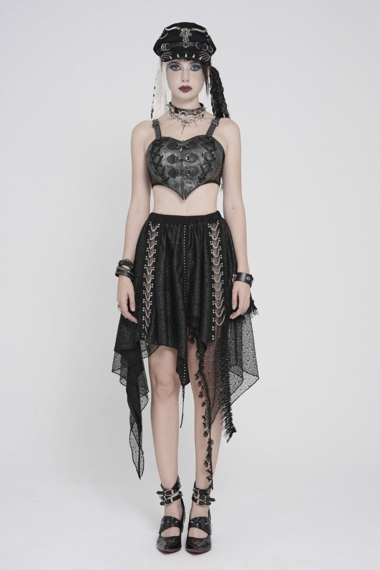 Black Lace Irregular Chain-Decorated Women's Punk Streamer Skirt - Black - 1