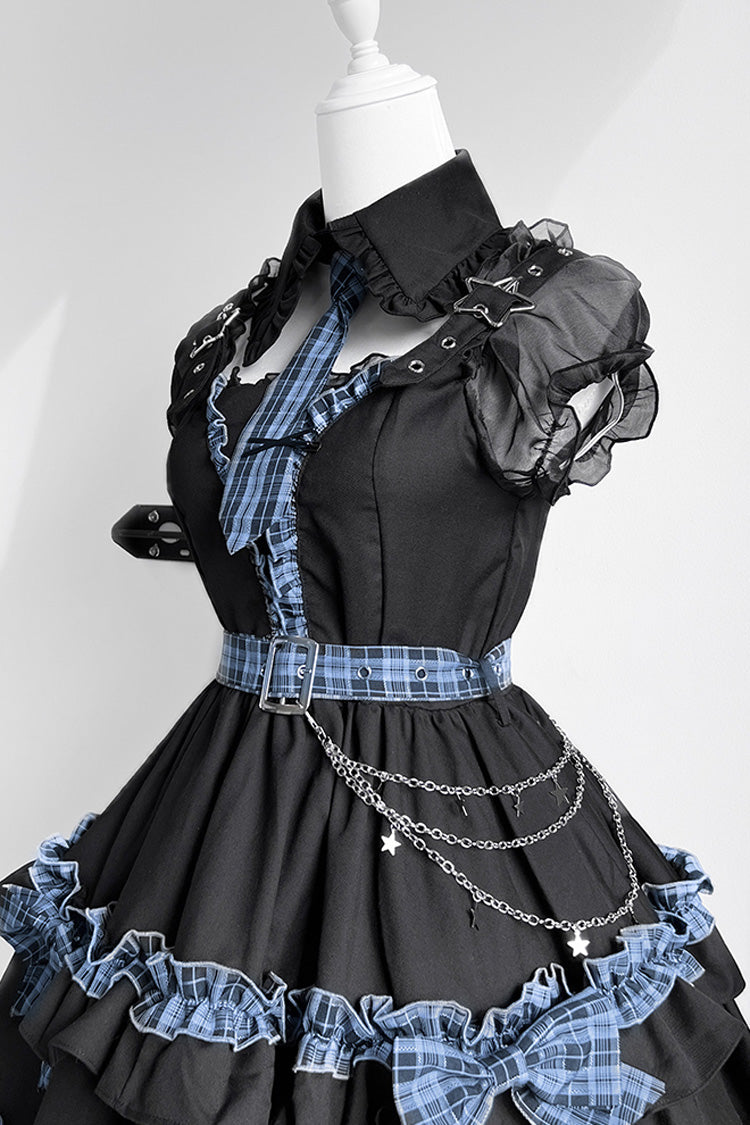 Black [Dark Night Starlight] Chain Ruffle Bowknot Lace Buckle Gothic College Style Lolita Dress Set - Product - 6