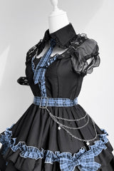 Black [Dark Night Starlight] Chain Ruffle Bowknot Lace Buckle Gothic College Style Lolita Dress Set - Product - 6