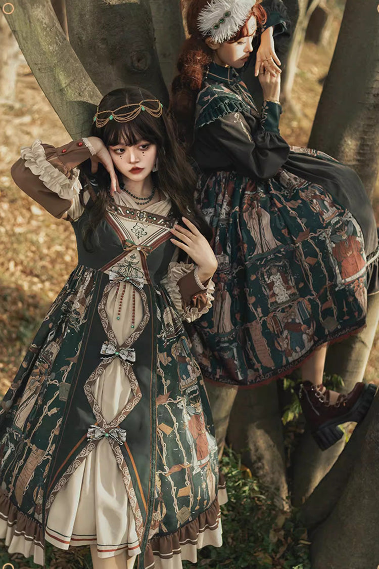Dark Blue [Tarot] Print Ruffle Bowknot Sweet Elegant Lolita Strap Dress - Product - 6