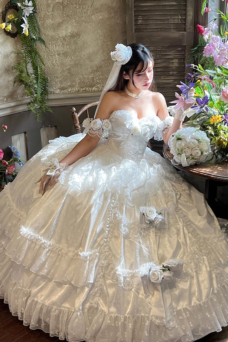 White [Love and Roses] Ruffle Hanayome Bowknot Lace Sweet Princess Lolita Jsk Dress - Product - 4