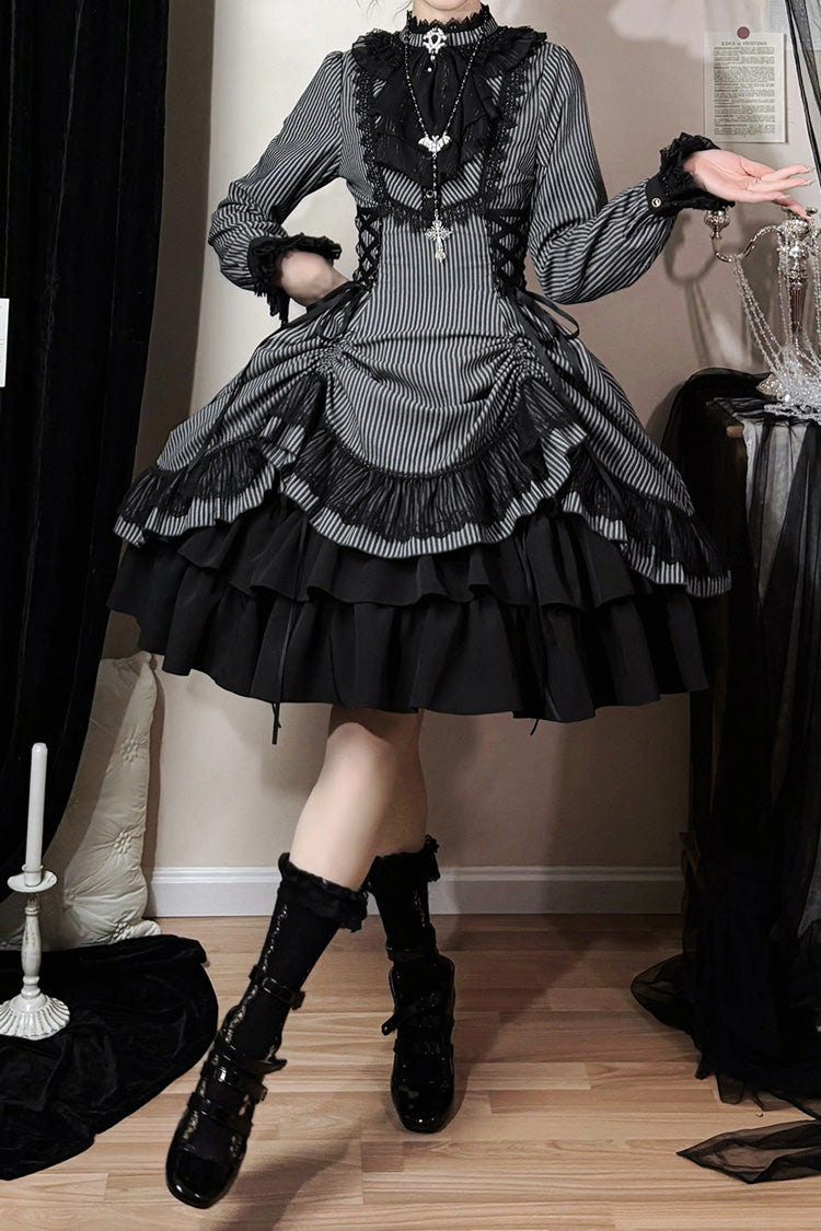 Black [Point Manor] Stand Collar Long Sleeves Multi-Layered Striped Printed Ruffled Lifted Hem Bow Gothic Lolita Dress - Product - 4