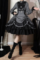 Black [Point Manor] Stand Collar Long Sleeves Multi-Layered Striped Printed Ruffled Lifted Hem Bow Gothic Lolita Dress - Product - 4