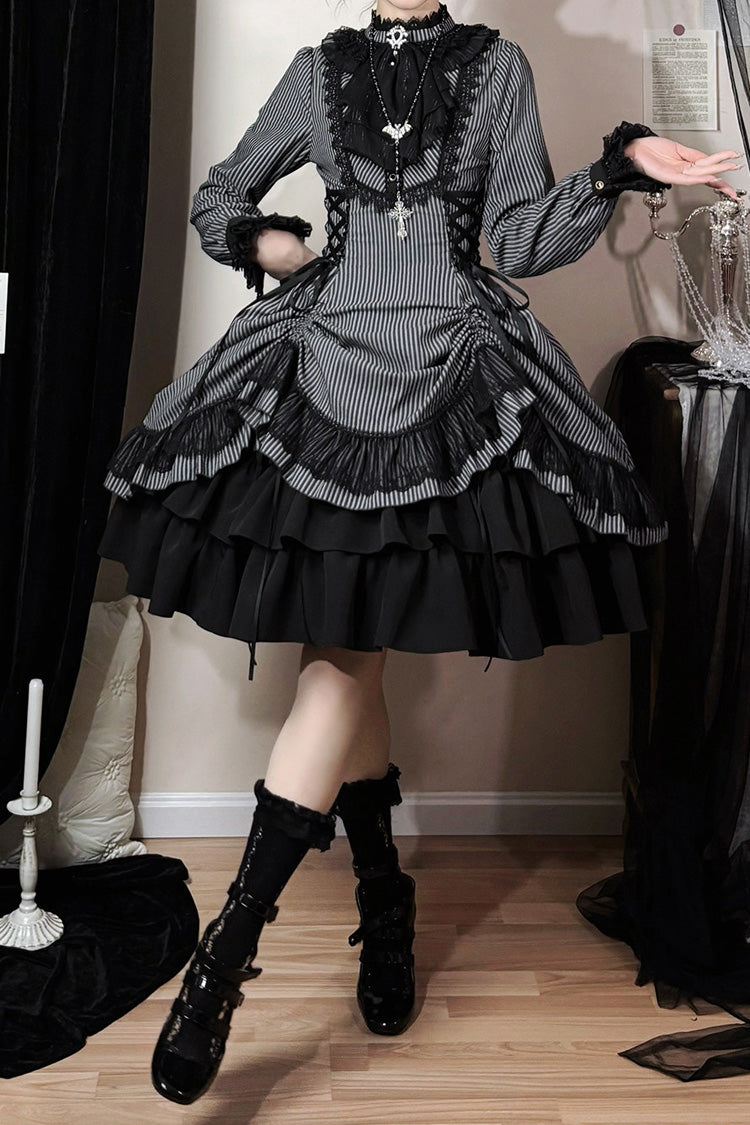 Black [Point Manor] Stand Collar Long Sleeves Multi-Layered Striped Printed Ruffled Lifted Hem Bow Gothic Lolita Dress - Product - 4