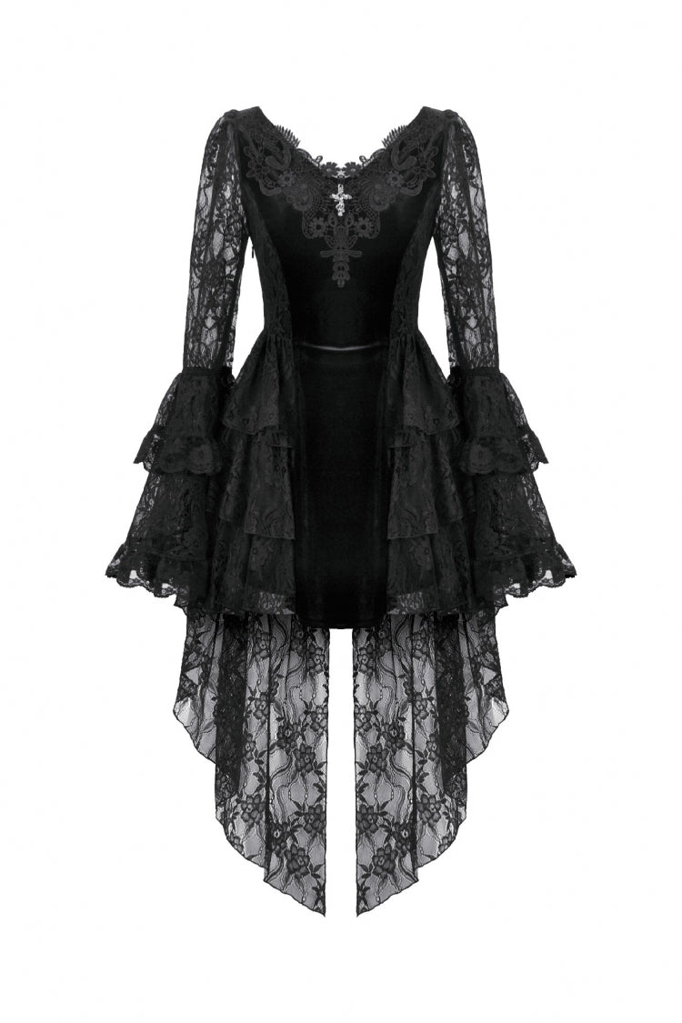 Black Trumpet Sleeves Multi-Layered Lace Velvet Embroidered Lace-Up Women's Gothic Dress - Product - 3