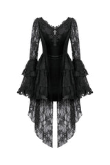 Black Trumpet Sleeves Multi-Layered Lace Velvet Embroidered Lace-Up Women's Gothic Dress - Product - 3