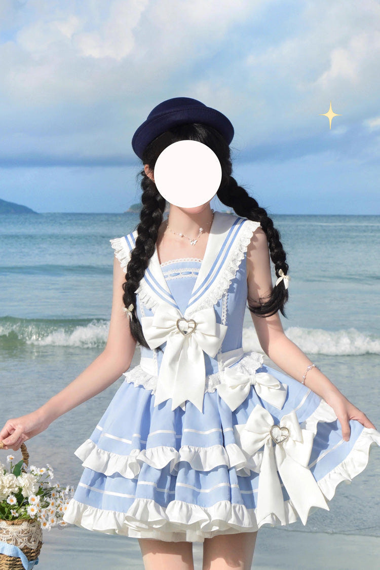Light Blue Navy Style Sleeveless Double Layer Ruffle Bowknot Lace Sweet Lolita Dress - Product - 5