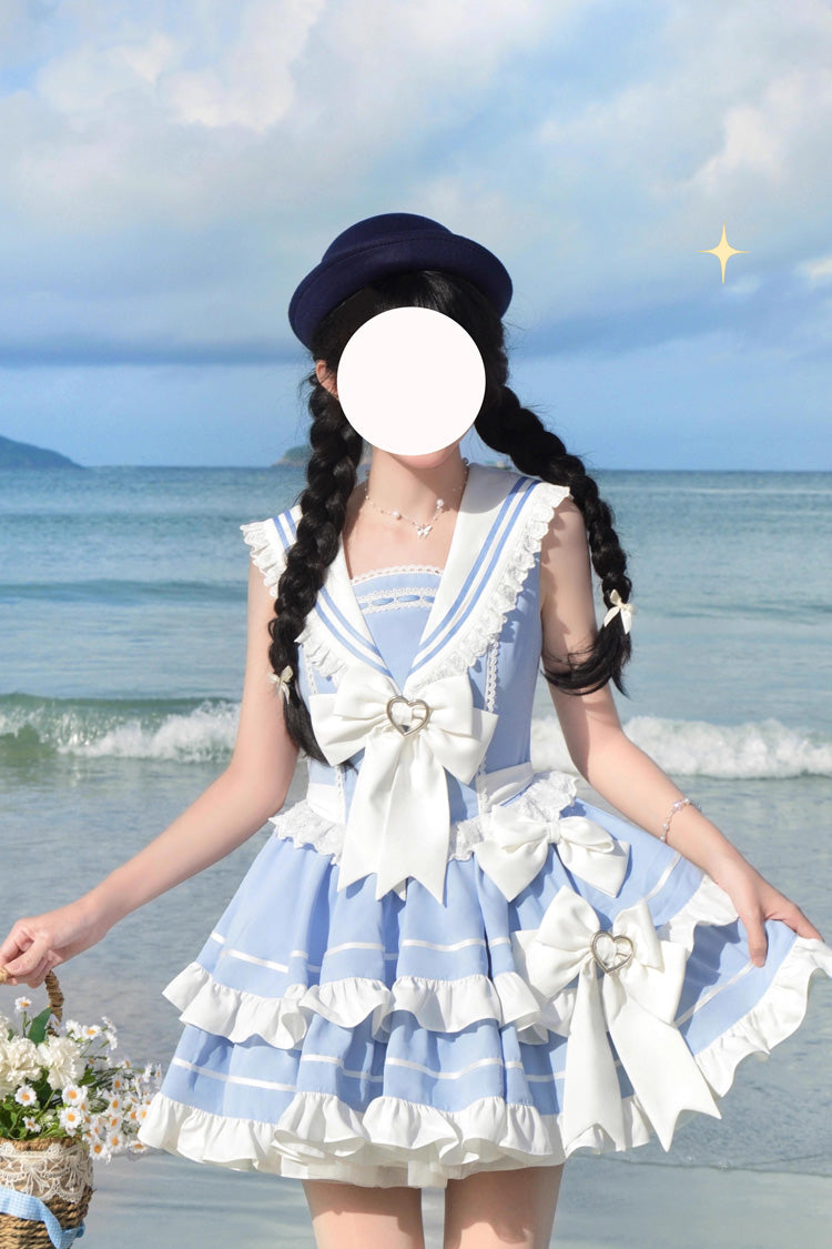 Light Blue Navy Style Sleeveless Double Layer Ruffle Bowknot Lace Sweet Lolita Dress - Product - 5