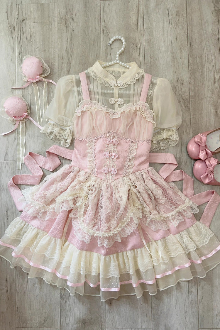 Flower Bud Halterneck Print Ruffle Lace Sweet Chinese Ballet Style Lolita Jsk Dress 3 Colors - Product - 14