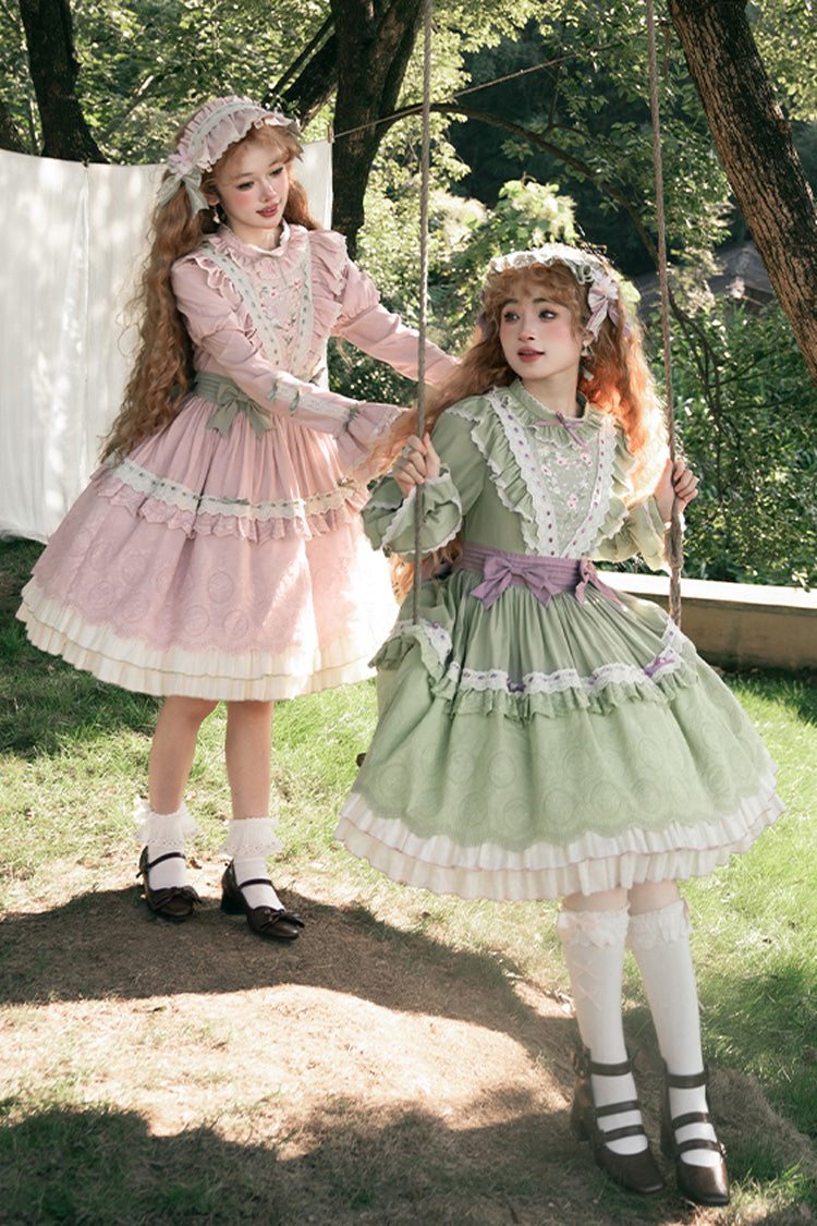 Pink [Solitary Orchid In Quiet Valley] Long Sleeves Multi-Layered Embroidery Bowknot Sweet Lolita Dress - Product - 2