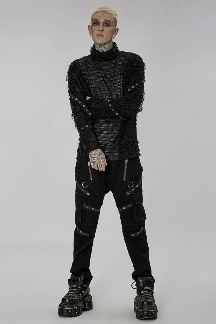 Black High Collar Stitching Ripped Men's Steampunk Blouse - Product - 4