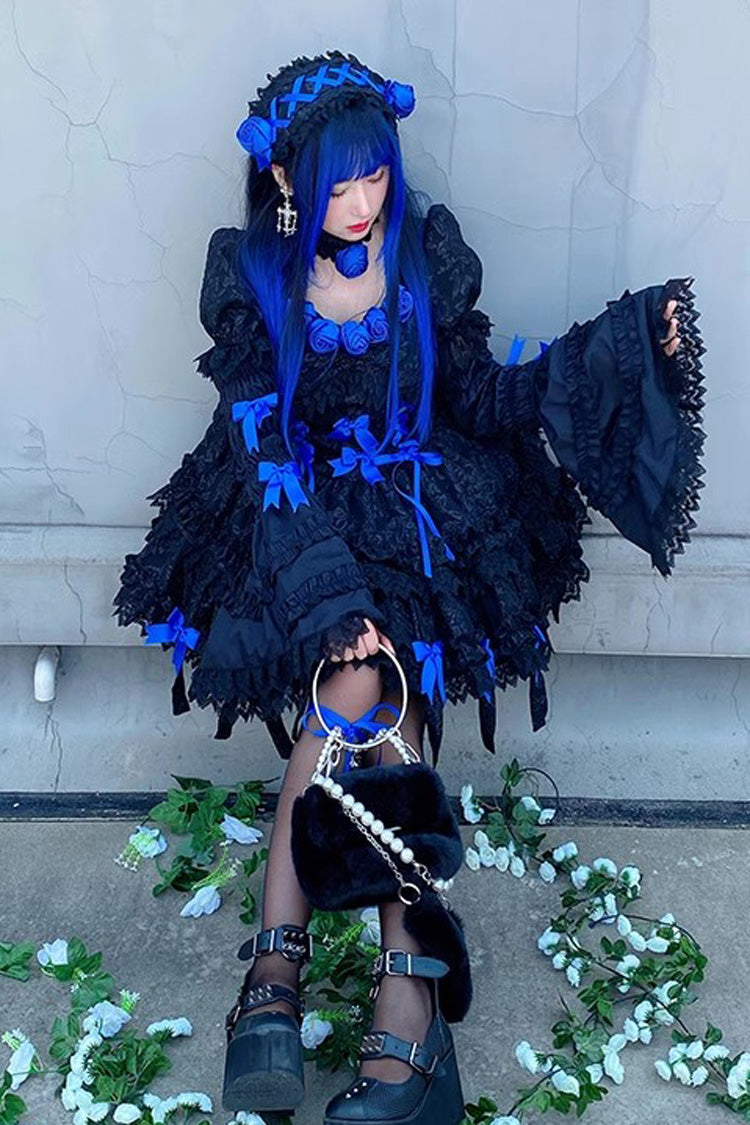 Black/Blue Puff Short Sleeves Princess Gothic Lolita Tiered Dress - Product - 5