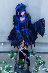 Black/Blue Puff Short Sleeves Princess Gothic Lolita Tiered Dress - Product - 5