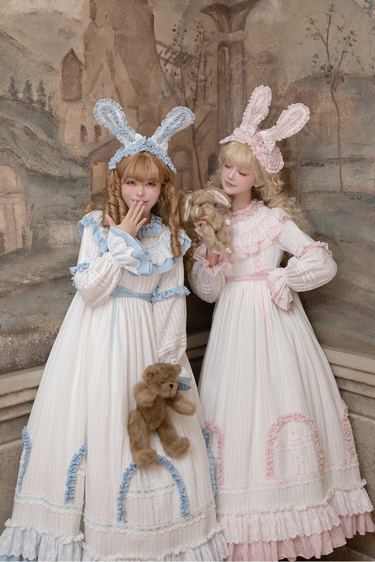Pink [Twin Lilian] Round Collar Long Sleeves Double-Layered Ruffled Bow Lace-Up Sweet Lolita Dress - Product - 11