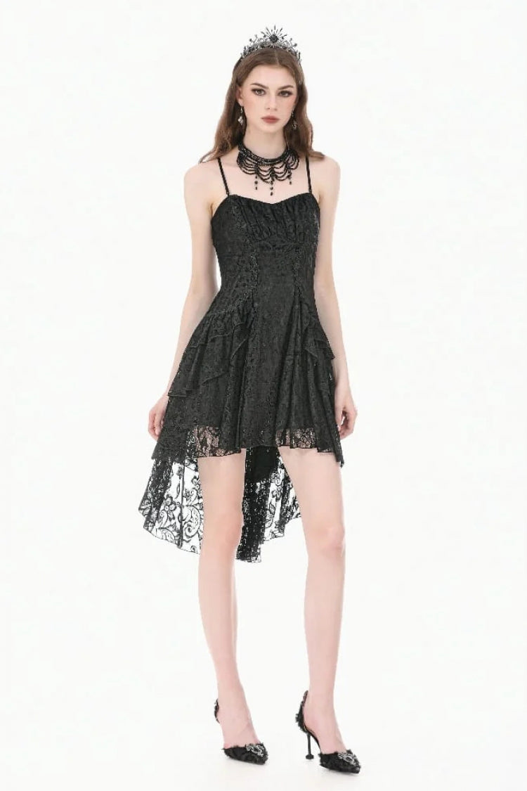 Black Lace-Up Women's Gothic High-Low Multi-Layered Ruffled Tail Lace Slip Dress - Product - 6