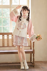 White/Pink [Miracle Pony] Round Collar Long Sleeves High Waisted Printed Women's Sweet Hanfu Dress Set - Product - 2