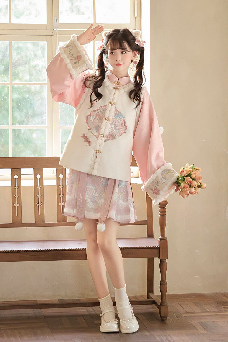 White/Pink [Miracle Pony] Round Collar Long Sleeves High Waisted Printed Women's Sweet Hanfu Dress Set - Product - 2