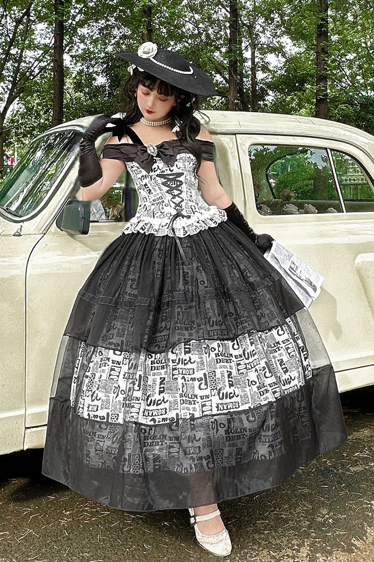 Black [Pin-Up Girl] Boat Neck Printed Ruffled Bow Lace-Up Asymmetric Gothic Elegant Lolita Skirt Set - Product - 6