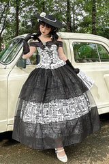 Black [Pin-Up Girl] Boat Neck Printed Ruffled Bow Lace-Up Asymmetric Gothic Elegant Lolita Skirt Set - Product - 6