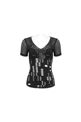 Black V Neck Stretch Destroyed Faux Leather Metal Ring Women's Punk T-Shirt - Product - 6