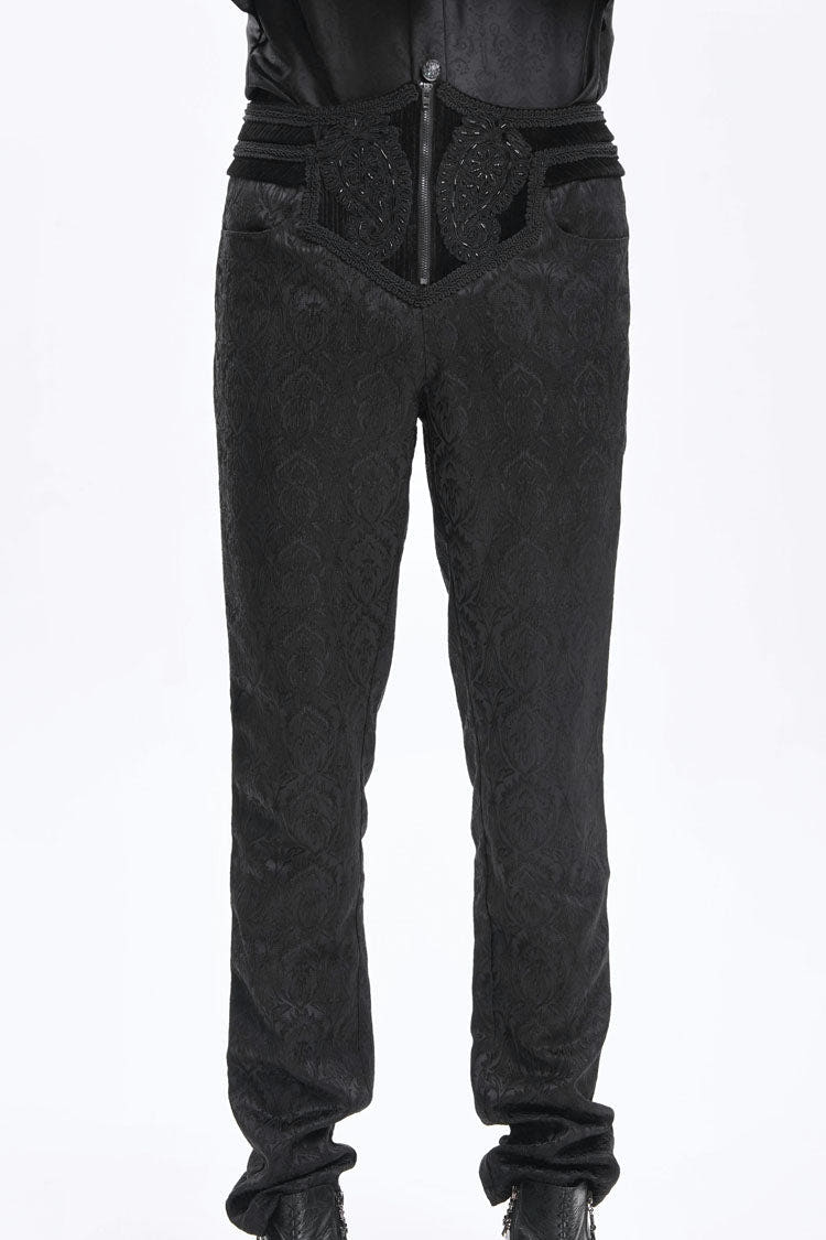 Black Floral Print Embroidery Branded Zip Men's Gothic Pants - Black - 1