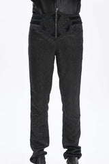 Black Floral Print Embroidery Branded Zip Men's Gothic Pants - Black - 1