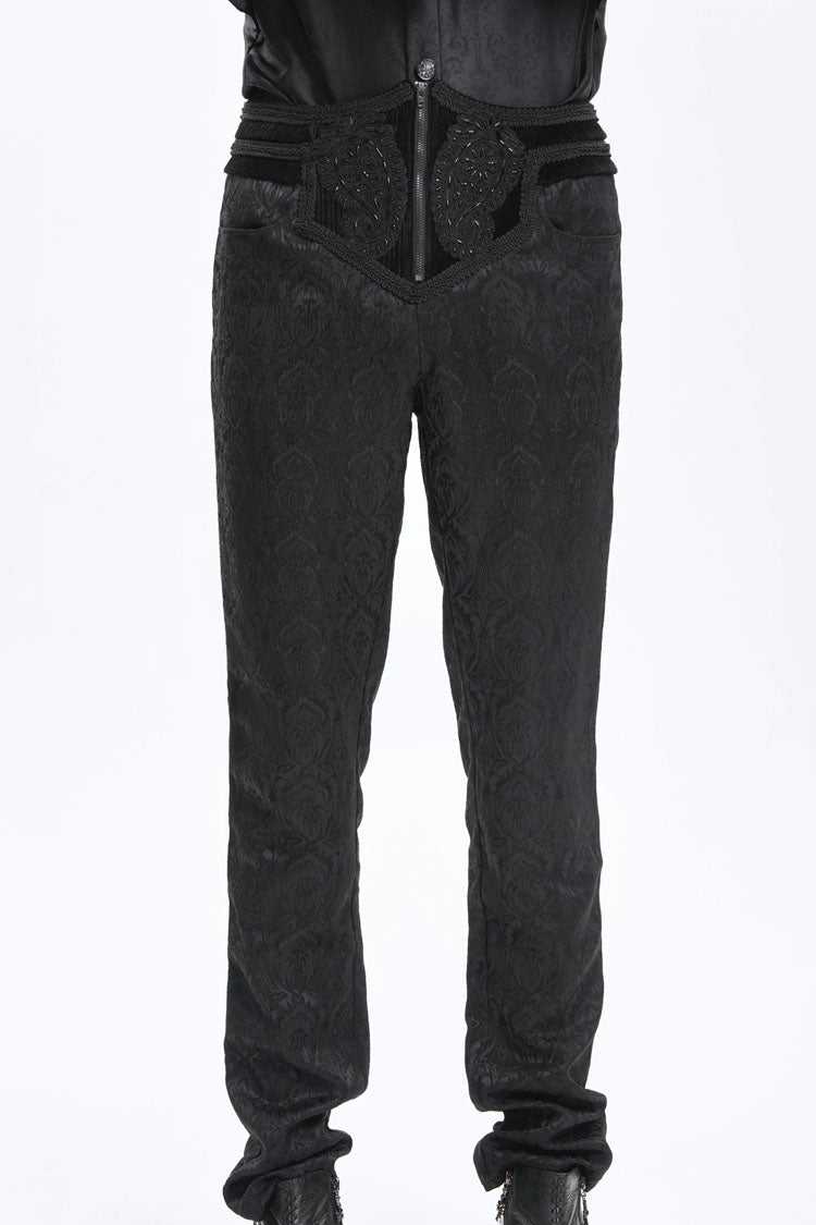 Black Floral Print Embroidery Branded Zip Men's Gothic Pants - Black - 1