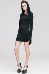 Black Punk Flared Sleeve Hooded Knit Womens Dress - Product - 2