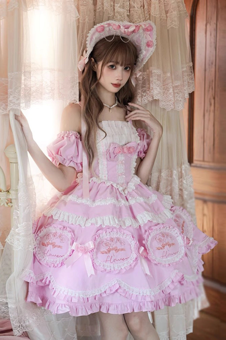 Pink [Butterfly Dream] Multi-Layered Print Ruffle Bowknot Sweet Princess Lolita Jsk Dress - Pink - 1