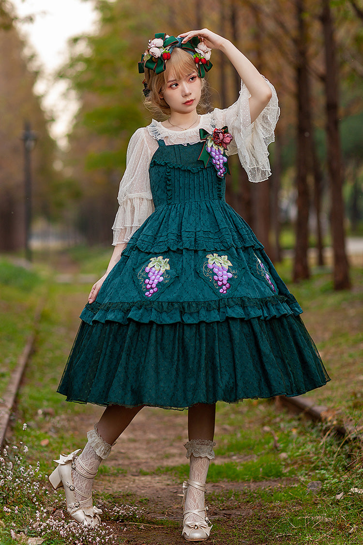 Green [Vineyard] Sleeveless Jacquard Print Ruffle Embroidery Sweet Lolita Jsk Dress - Product - 4