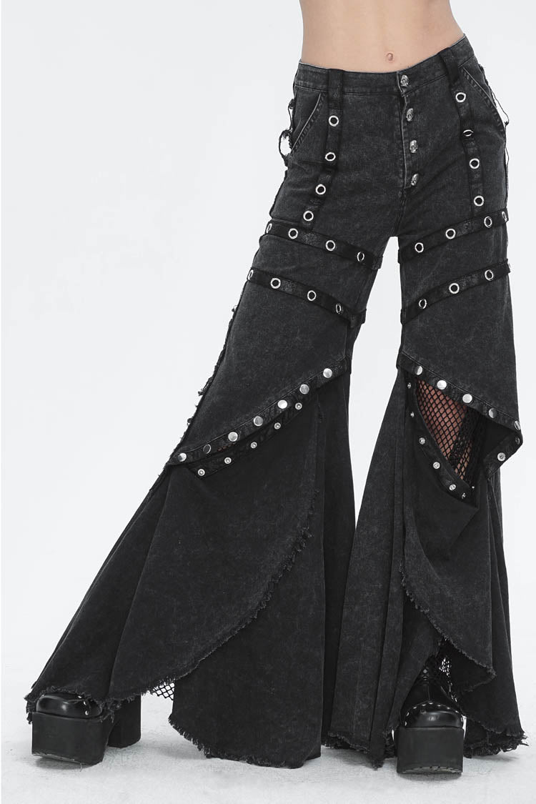 Black Mesh Eyelets Ruffled Flared Womens Punk Pants - Product - 2