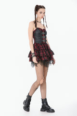 Black/Red Plaid Leather Multi-Layered Ruffled Women's Punk  Sweetcore Slip Dress - Product - 12