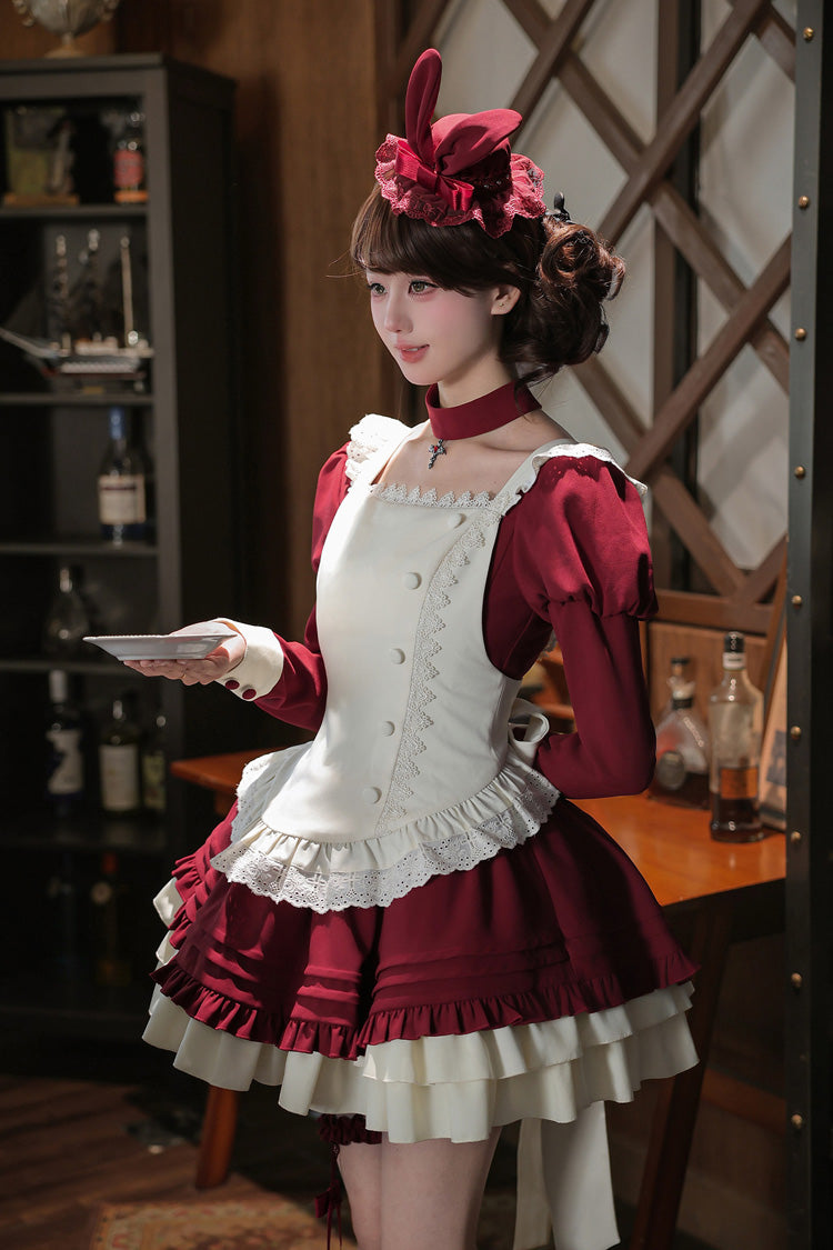 [Liya] Square Collar Long Lantern Sleeves Multi-Layered Ruffled Classic Elegant Lolita Dress 2 Colors (Black, Red) - Product - 18
