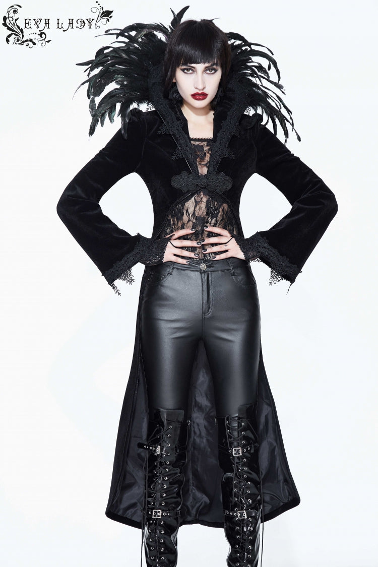Black Feathered Collar Long Sleeves Bowknot Women's Gothic Tailcoat - Product - 4